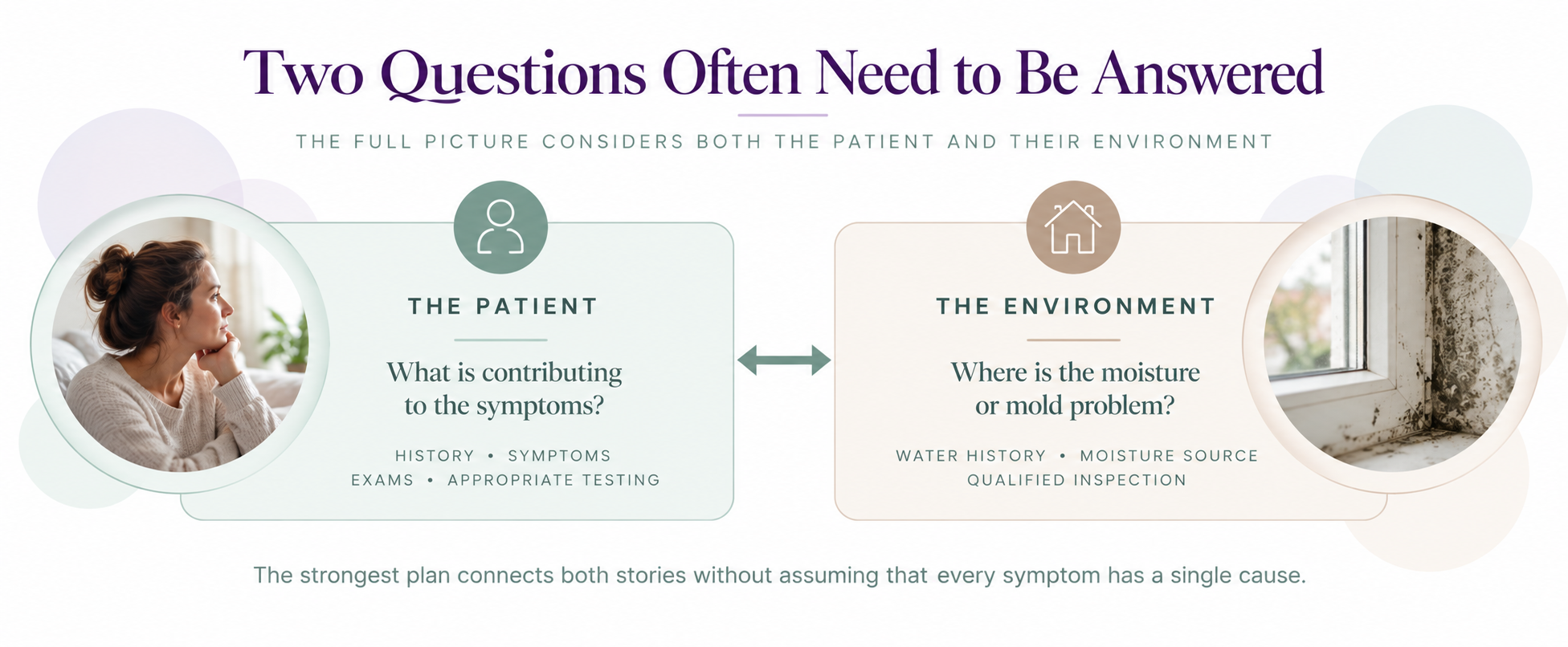 Infographic comparing two questions in mold exposure assessment: what contributes to patient symptoms and where moisture or mold problems exist in the home.
