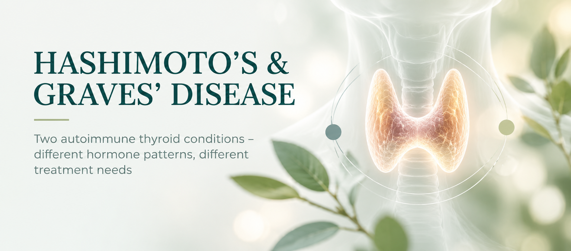 Medical illustration of the thyroid gland highlighting Hashimoto's and Graves' disease, two autoimmune thyroid conditions with different hormone patterns.