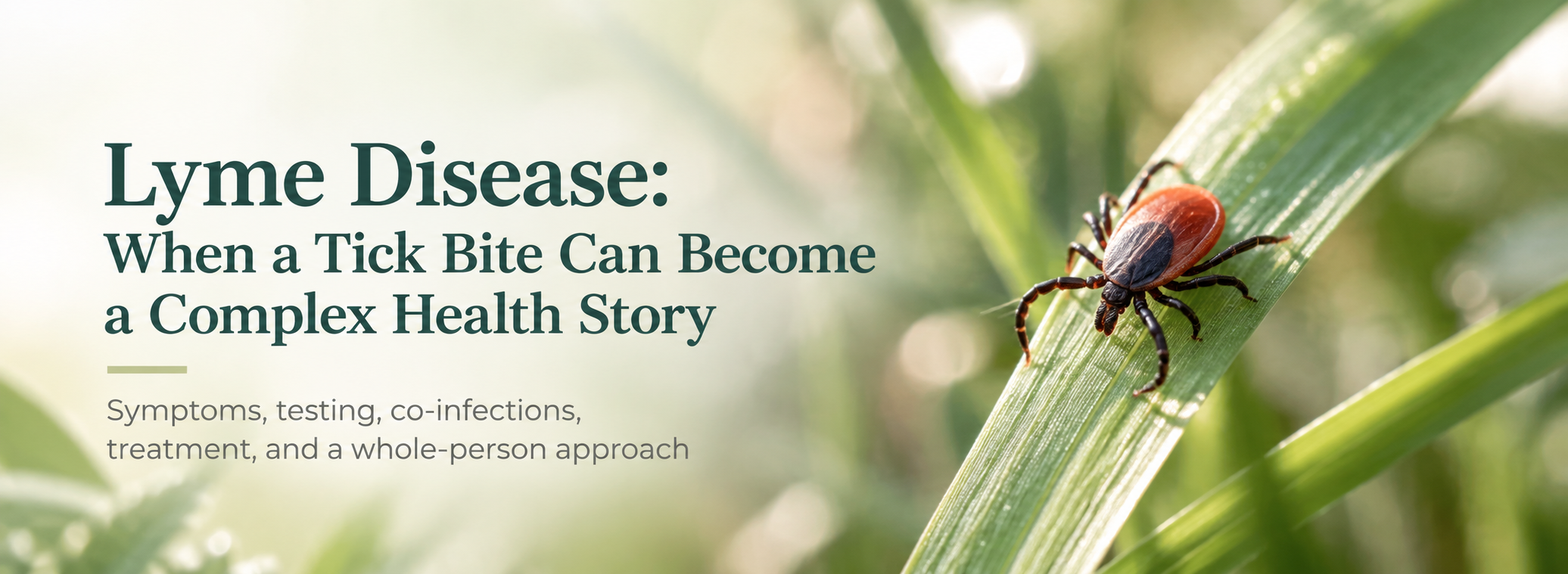 Illustration of a blacklegged tick on a blade of grass alongside the title of an educational article about Lyme disease.