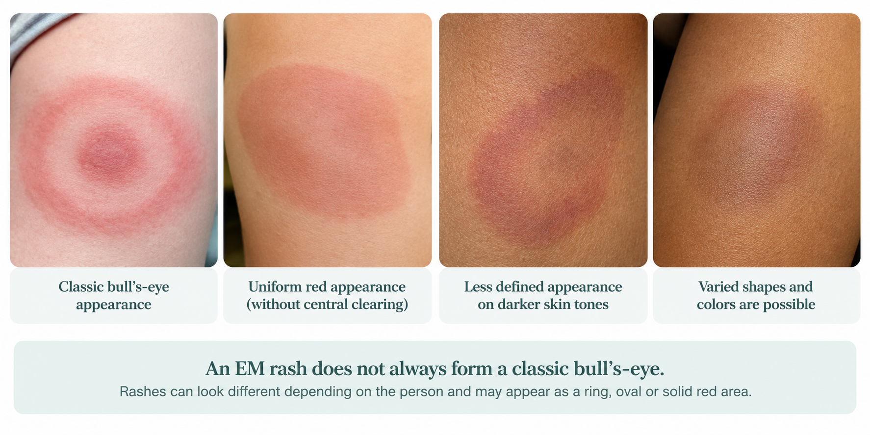 Four illustrative examples of erythema migrans rash appearances across different skin tones, including bull's-eye, solid red and less-defined patches.