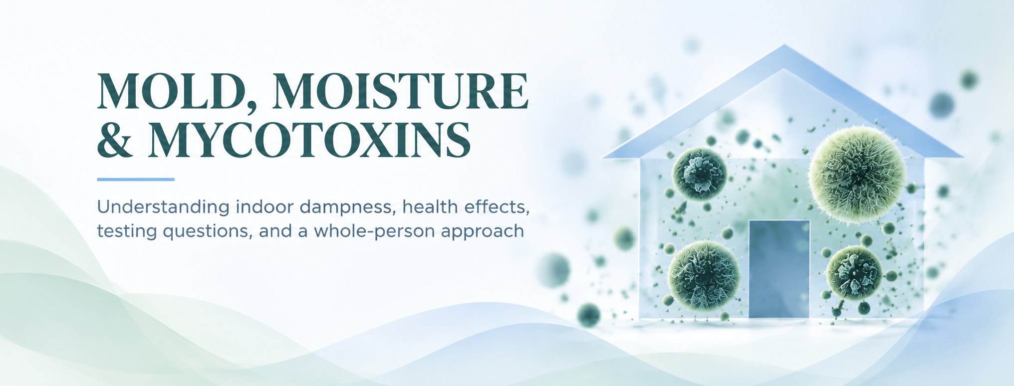 Illustration of a house surrounded by green mold spores, introducing indoor mold exposure, moisture problems and mycotoxins.