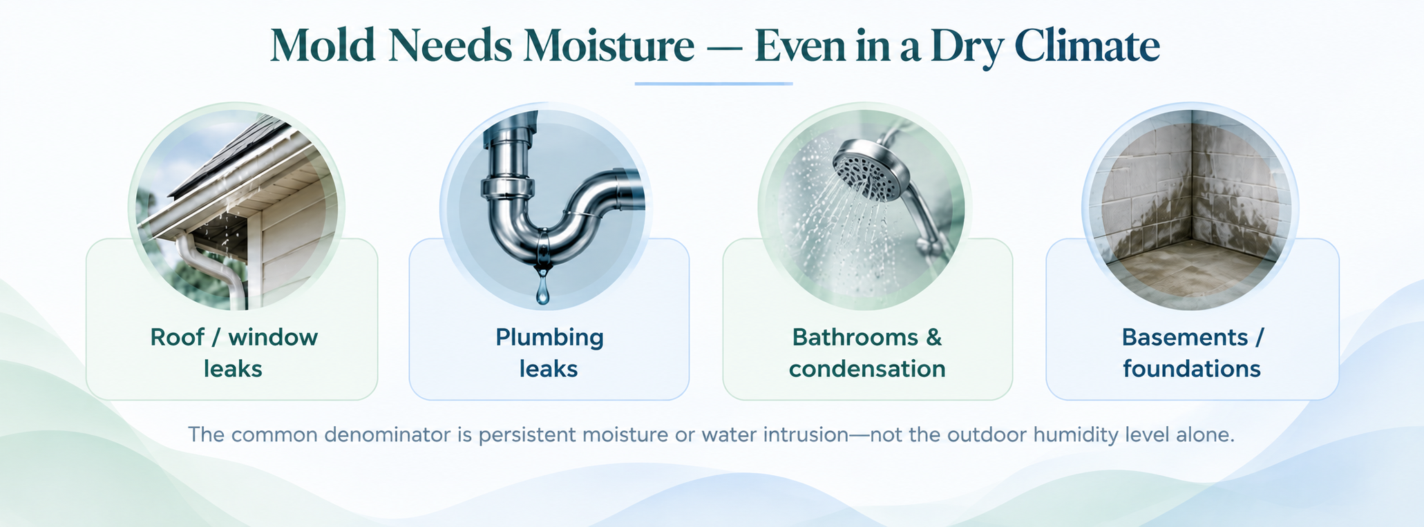 Four-panel infographic showing roof and window leaks, leaking plumbing, bathroom moisture and damp basements as potential sources of indoor mold.